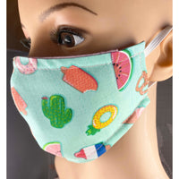 Handsewn Face Cover with Filter Pocket,  Bendable Nose Wire, & Adjustable Elastic - Summer Treats - 5 Sizes