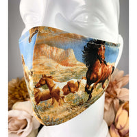 Handsewn Face Cover with Filter Pocket, Bendable Nose Wire, & Adjustable Elastic - Wild Horses - 5 Sizes