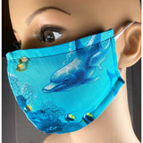 Handsewn Face Cover with Filter Pocket, Bendable Nose Wire, and Adjustable Elastic - Dolphins & Ocean - 5 Sizes