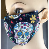 Handsewn Face Cover with Filter Pocket, Bendable Nose Wire, & Adjustable Elastic - Folkloric Skulls - 5 Sizes