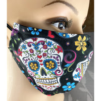 Handsewn Face Cover with Filter Pocket, Bendable Nose Wire, & Adjustable Elastic - Folkloric Skulls - 5 Sizes