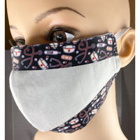 Handsewn Face Cover with Filter Pocket and Bendable Nose Wire and Medical Nurse Themed Ribbon  - 5 Sizes