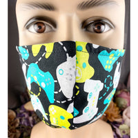 Handsewn Face Cover with Filter Pocket,  Bendable Nose Wire, & Adjustable Elastic - Game Controller - 5 Sizes