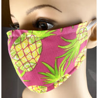Handsewn Face Cover with Filter Pocket & Bendable Nose Wire - Pineapples - 5 Sizes