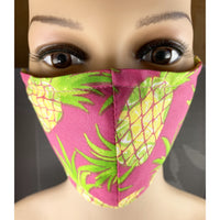 Handsewn Face Cover with Filter Pocket & Bendable Nose Wire - Pineapples - 5 Sizes