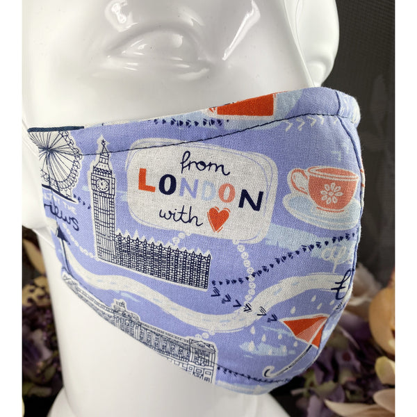 Handsewn Face Cover with Filter Pocket & Bendable Nose Wire - London Tourist - 5 Sizes