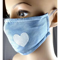 Handsewn Face Cover with Filter Pocket and Bendable Nose Wire - Soft Two-Tone Denim Embroidered Heart  - 5 Sizes