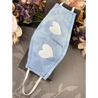 Handsewn Face Cover with Filter Pocket and Bendable Nose Wire - Soft Two-Tone Denim Embroidered Heart  - 5 Sizes