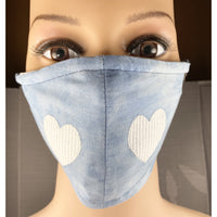 Handsewn Face Cover with Filter Pocket and Bendable Nose Wire - Soft Two-Tone Denim Embroidered Heart  - 5 Sizes