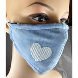 Handsewn Face Cover with Filter Pocket and Bendable Nose Wire - Soft Two-Tone Denim Embroidered Heart  - 5 Sizes