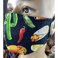 Handsewn Face Cover with Filter Pocket & Bendable Nose Wire - Cactus, Tacos, Red Hot Chili Pepper, Enchilada, Sombrero - 5 Sizes