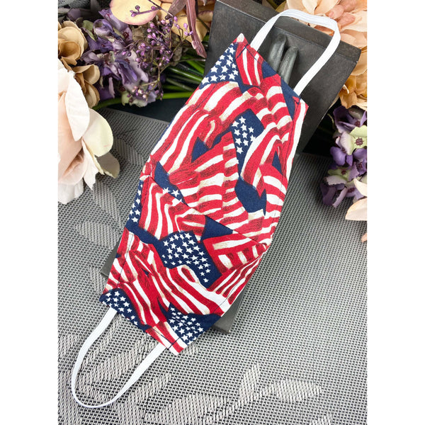 Handsewn Face Cover with Filter Pocket & Bendable Nose Wire - USA Flag - 5 Sizes