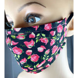 Handsewn Face Cover with Filter Pocket and Bendable Nose Wire - Roses - 5 Sizes