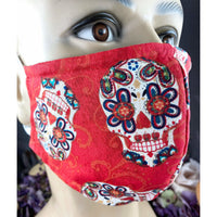 Handsewn Face Cover with Filter Pocket & Bendable Nose Wire - Folkloric Skulls Red - 5 Sizes
