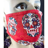 Handsewn Face Cover with Filter Pocket & Bendable Nose Wire - Folkloric Skulls Red - 5 Sizes