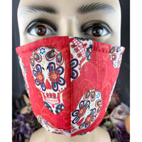 Handsewn Face Cover with Filter Pocket & Bendable Nose Wire - Folkloric Skulls Red - 5 Sizes