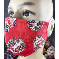 Handsewn Face Cover with Filter Pocket & Bendable Nose Wire - Folkloric Skulls Red - 5 Sizes
