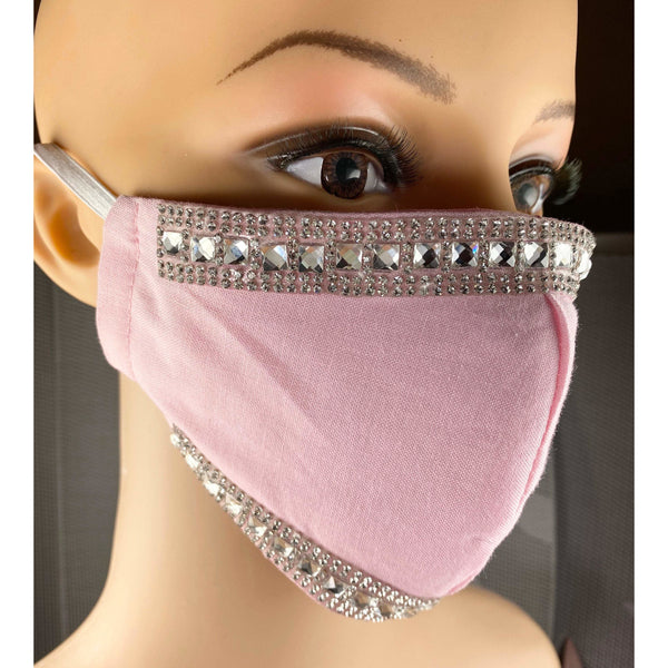 Handsewn Face Cover with Filter Pocket and Bendable Nose Wire - Pink Glamour w/Rhinestones - 5 Sizes