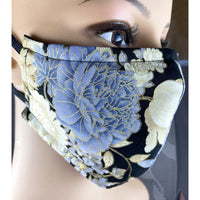 Handsewn Face Cover with Filter Pocket and Bendable Nose Wire - Black & Golden Shimmer Floral - 5 Sizes