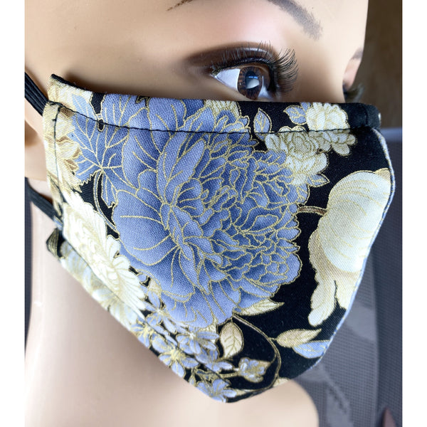 Handsewn Face Cover with Filter Pocket and Bendable Nose Wire - Black & Golden Shimmer Floral - 5 Sizes