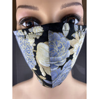 Handsewn Face Cover with Filter Pocket and Bendable Nose Wire - Black & Golden Shimmer Floral - 5 Sizes