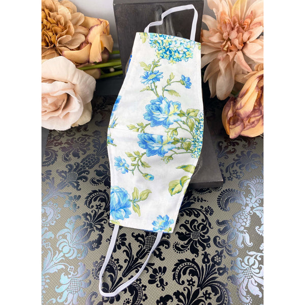 Handsewn Face Cover with Filter Pocket and Bendable Nose Wire - Blue & Green Floral - 5 Sizes