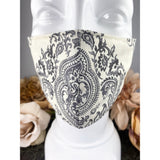Handsewn Face Cover with Filter Pocket and Bendable Nose Wire - Cream & Graphite Boho Pattern - 5 Sizes