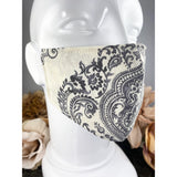 Handsewn Face Cover with Filter Pocket and Bendable Nose Wire - Cream & Graphite Boho Pattern - 5 Sizes