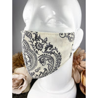 Handsewn Face Cover with Filter Pocket and Bendable Nose Wire - Cream & Graphite Boho Pattern - 5 Sizes