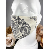 Handsewn Face Cover with Filter Pocket and Bendable Nose Wire - Cream & Graphite Boho Pattern - 5 Sizes