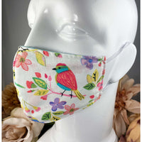 Handsewn Face Cover with Filter Pocket and Bendable Nose Wire - Birds & Flowers - 5 Sizes