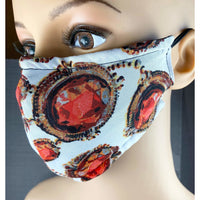 Handsewn Face Cover with Filter Pocket, Bendable Nose Wire, Adjustable Elastic, Pre-Washed - Tres Elegante Red Gems - 5 Sizes