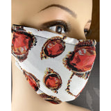 Handsewn Face Cover with Filter Pocket, Bendable Nose Wire, Adjustable Elastic, Pre-Washed - Tres Elegante Red Gems - 5 Sizes