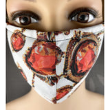 Handsewn Face Cover with Filter Pocket, Bendable Nose Wire, Adjustable Elastic, Pre-Washed - Tres Elegante Red Gems - 5 Sizes