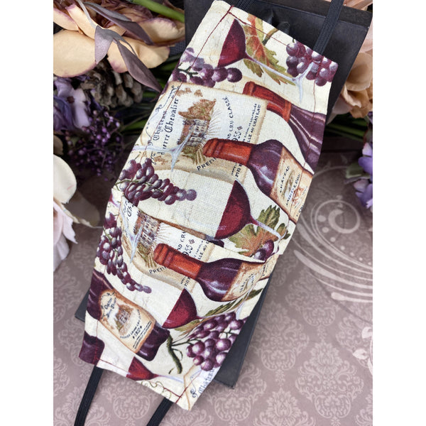 Handsewn Face Cover with Filter Pocket, Bendable Nose Wire, and Adjustable Elastic - Vino Rosa Anyone? - 5 Sizes