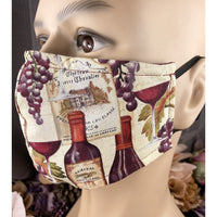 Handsewn Face Cover with Filter Pocket, Bendable Nose Wire, and Adjustable Elastic - Vino Rosa Anyone? - 5 Sizes