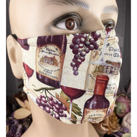 Handsewn Face Cover with Filter Pocket, Bendable Nose Wire, and Adjustable Elastic - Vino Rosa Anyone? - 5 Sizes