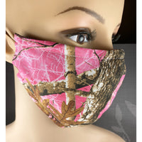 Handsewn Face Cover with Filter Pocket, Bendable Nose Wire, & Adjustable Elastic -  Pink Camo - 5 Sizes