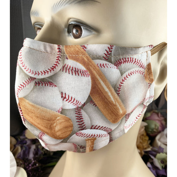 Handsewn Face Cover with Filter Pocket, Bendable Nose Wire, Adjustable Elastic, & Pre-Washed - Baseball - 5 Sizes