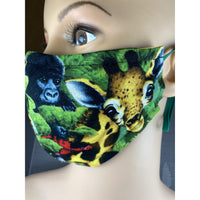 Handsewn Face Cover with Filter Pocket, Bendable Nose Wire, Adjustable Elastic, & Pre-Washed - Jungle Animals - 5 Sizes