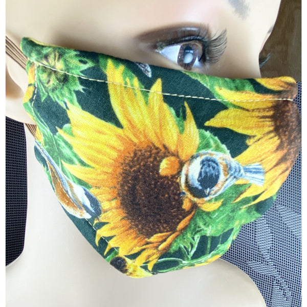Handsewn Face Cover with Filter Pocket, Bendable Nose Wire, Adjustable Elastic, & Pre-Washed - Sunflowers and Birds - 5 Sizes