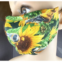 Handsewn Face Cover with Filter Pocket, Bendable Nose Wire, Adjustable Elastic, & Pre-Washed - Sunflowers and Birds - 5 Sizes