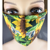 Handsewn Face Cover with Filter Pocket, Bendable Nose Wire, Adjustable Elastic, & Pre-Washed - Sunflowers and Birds - 5 Sizes