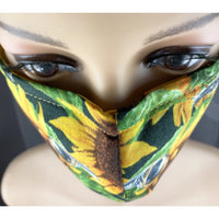 Handsewn Face Cover with Filter Pocket, Bendable Nose Wire, Adjustable Elastic, & Pre-Washed - Sunflowers and Birds - 5 Sizes