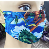 Handsewn Face Cover with Filter Pocket and Bendable Nose Wire - Dinosaurs  - 5 Sizes