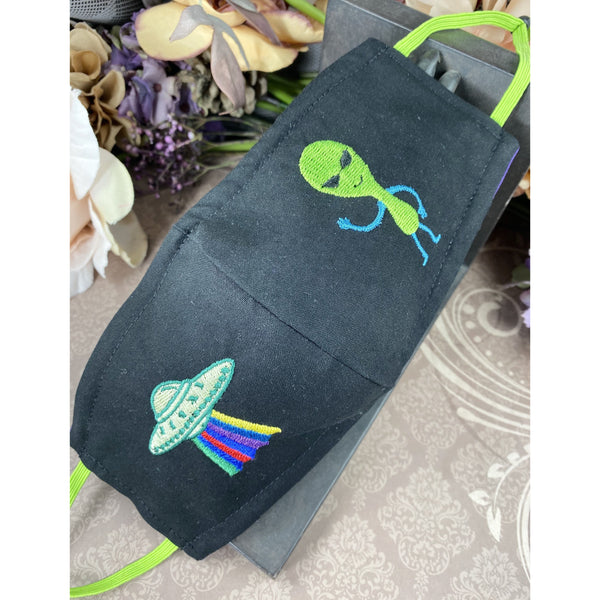 Handsewn and Machine-Embroidered Face Cover with Filter Pocket, Bendable Nose Wire, Adjustable Elastic - Spaceship and Alien - 5 Sizes