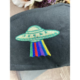 Handsewn and Machine-Embroidered Face Cover with Filter Pocket, Bendable Nose Wire, Adjustable Elastic - Spaceship and Alien - 5 Sizes