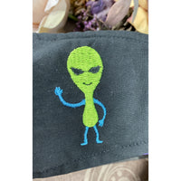 Handsewn and Machine-Embroidered Face Cover with Filter Pocket, Bendable Nose Wire, Adjustable Elastic - Spaceship and Alien - 5 Sizes