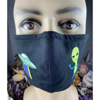 Handsewn and Machine-Embroidered Face Cover with Filter Pocket, Bendable Nose Wire, Adjustable Elastic - Spaceship and Alien - 5 Sizes