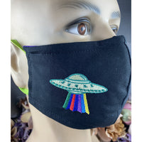 Handsewn and Machine-Embroidered Face Cover with Filter Pocket, Bendable Nose Wire, Adjustable Elastic - Spaceship and Alien - 5 Sizes